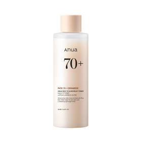 Flaske med Anua Rice 70 Glow Milky Toner. Hvid med sort tekst og 70+ mærke. 250 ml.