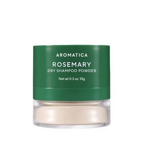 Grøn krukke med hvid tekst: Aromatica Rosemary Dry Shampoo Powder, 10g.