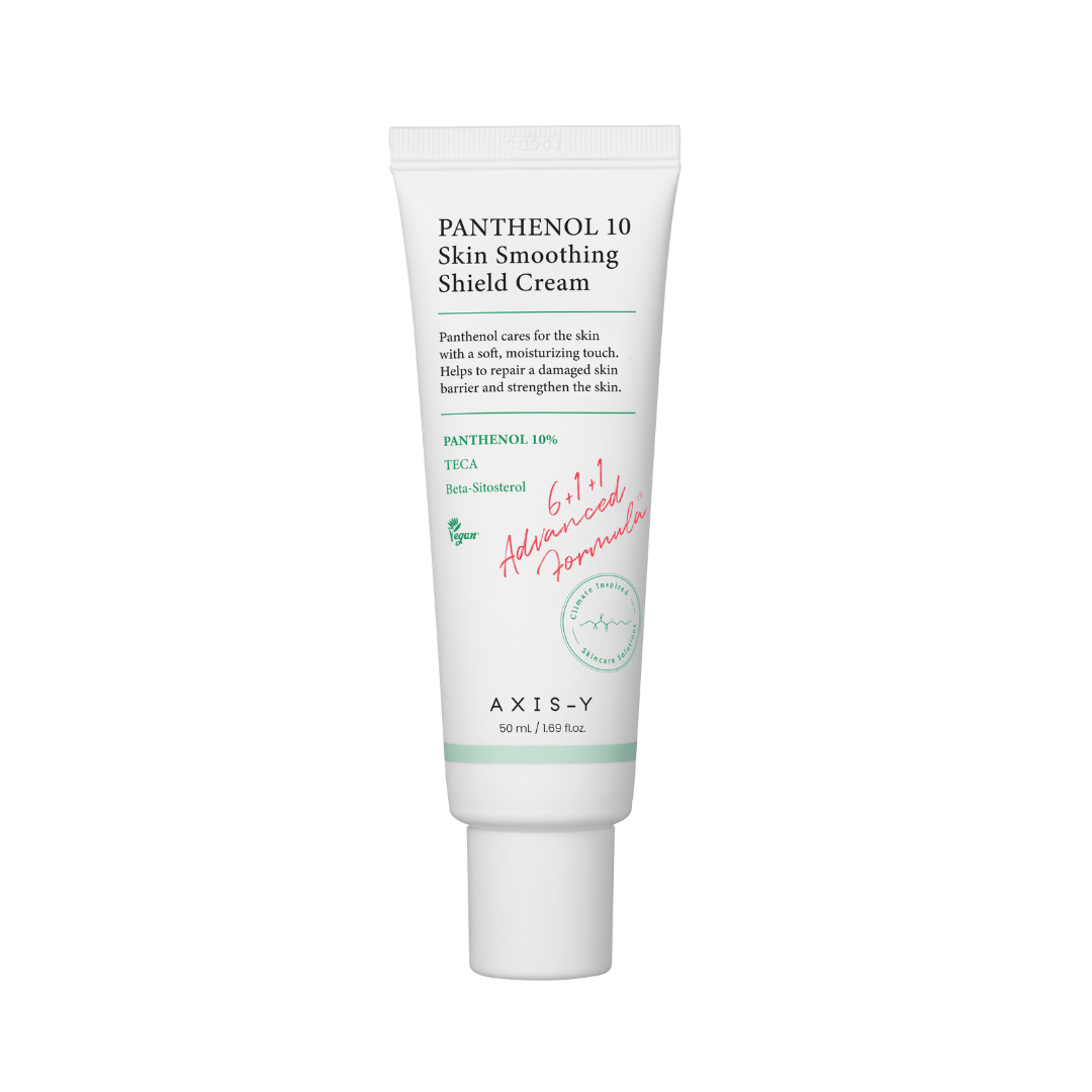 Hvid tube med "Panthenol 10 Skin Smoothing Shield Cream" og ingredienser som Panthenol 10%, TECA.
