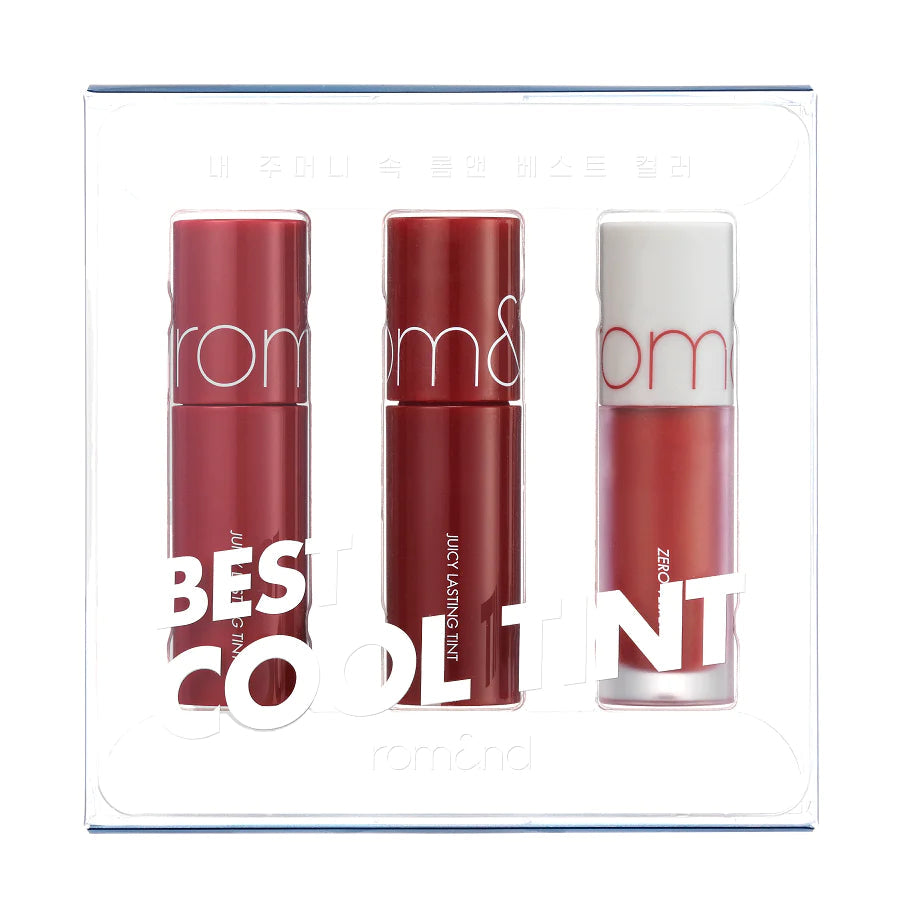 Tre Rom&nd lip tints i rød og pink i en klar æske med teksten "BEST COOL TINT".