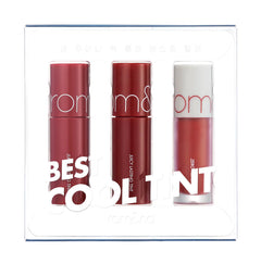 Tre Rom&nd lip tints i rød og pink i en klar æske med teksten "BEST COOL TINT".