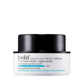 Hvid krukke med sort låg, Belif "The True Cream Aqua Bomb," 50 ml, fugtgivende creme.