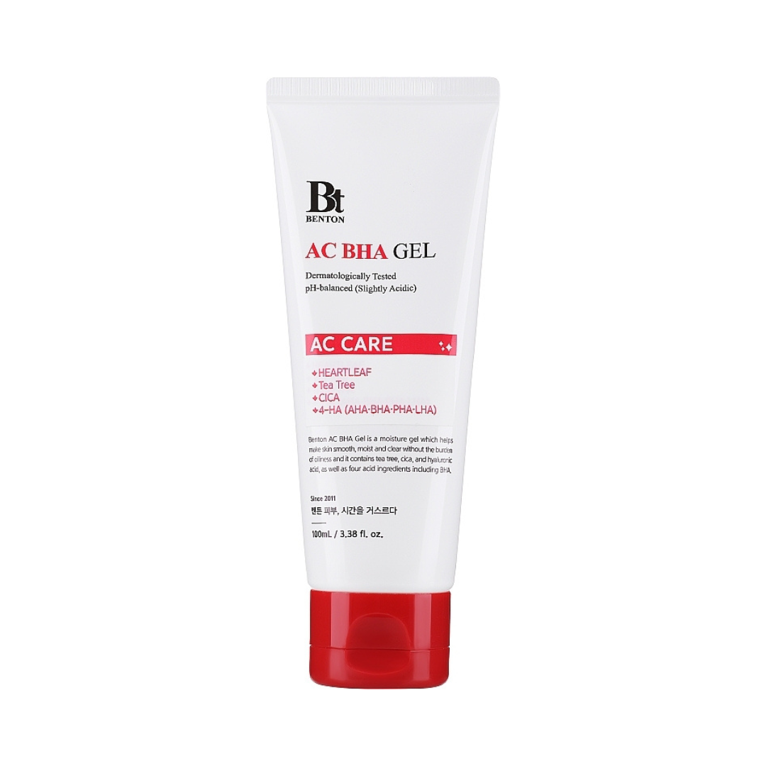Benton AC BHA Gel tube med rød hætte og ingredienser: Heartleaf, Tea Tree, Cica, 4-HA.
