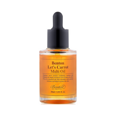 Flaske med Benton Let's Carrot Multi Oil, orange væske, sort pipette, 30 ml.
