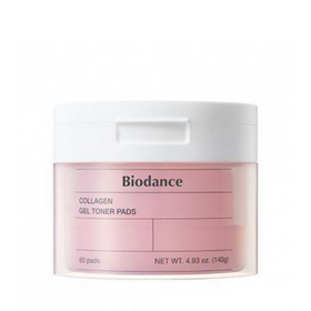 Krukke med pink toner pads, hvidt låg, mærket "Biodance Collagen Gel Toner Pads", 60 stk, 140g.