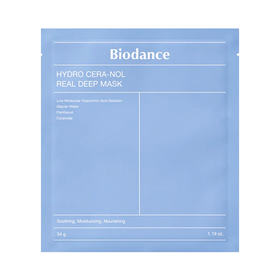 Blå pakke med teksten "Biodance Hydro Cera-nol Real Deep Mask", vægt 34 g.