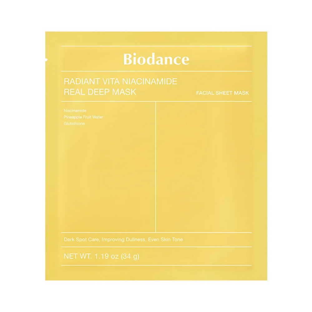 Gul pakke med Biodance Radiant Vita Niacinamide maske, 34g. Ingredienser: Niacinamid, ananas.