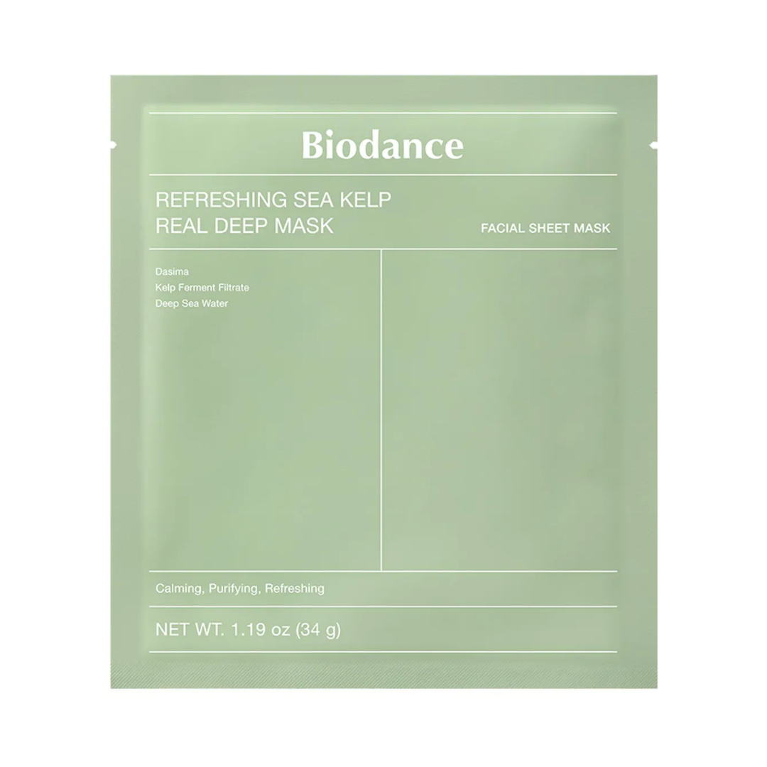 Lys grøn pakke, Biodance Sea Kelp maske, ingredienser: Dasima, Kelp Ferment. 34 g.