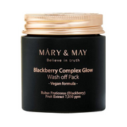 Sort krukke med guld låg, tekst: "Mary&May Blackberry Complex Glow Wash Off Pack" vegansk formel.