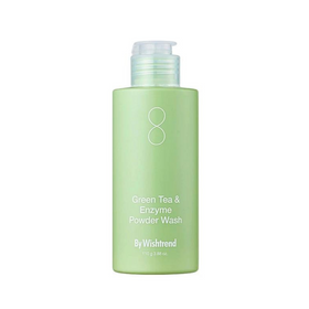 Lysegrøn flaske med teksten "Green Tea & Enzyme Powder Wash" og "By Wishtrend" på forsiden.