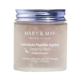 Glas med sølv låg, mærket "Mary & May Calendula Peptide Ageless Sleeping Mask," vegansk formel.