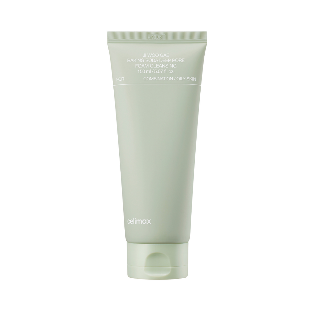 Grøn tube med tekst: "Celimax, Baking Soda Deep Pore Foam Cleansing, 150 ml, for kombineret/fedtet hud".