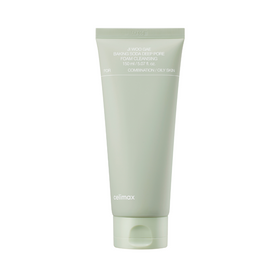 Grøn tube med tekst: "Celimax, Baking Soda Deep Pore Foam Cleansing, 150 ml, for kombineret/fedtet hud".