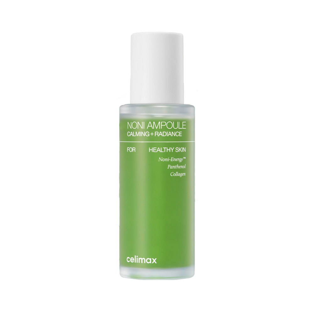 Grøn flaske med hvidt låg, mærket "Noni Ampoule Calming + Radiance" fra celimax.