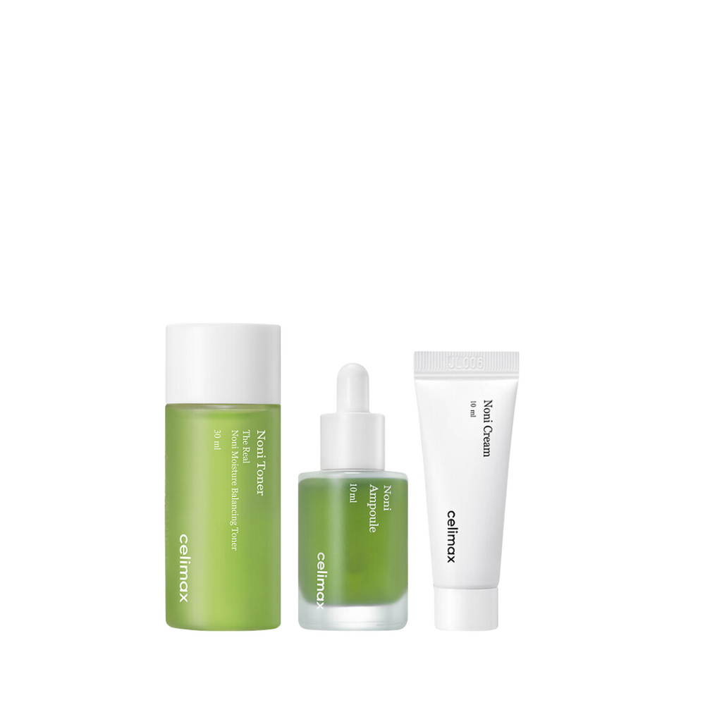 Tre Celimax-produkter: Noni Toner, Noni Ampoule og Noni Cream, alle i grøn og hvid emballage.