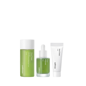 Tre Celimax-produkter: Noni Toner, Noni Ampoule og Noni Cream, alle i grøn og hvid emballage.