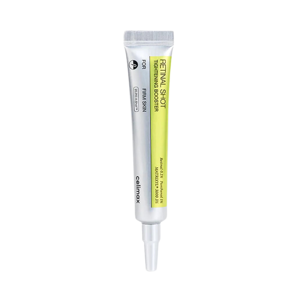 Sølv- og gul tube med teksten "Retinal Shot Tightening Booster" fra Celimax.
