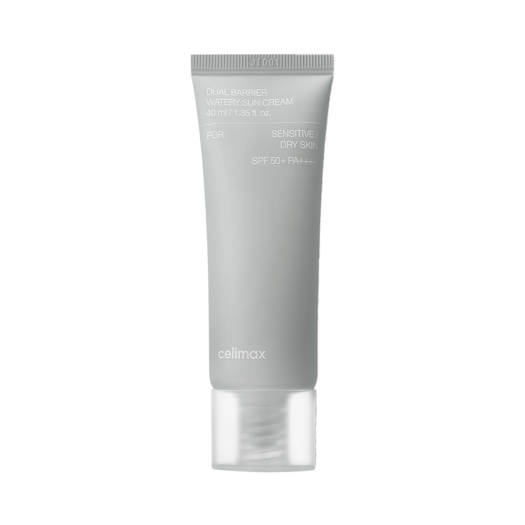 Grå tube med Celimax Dual Barrier Watery Sun Cream, SPF 50+, til sensitiv og tør hud, 40 ml.