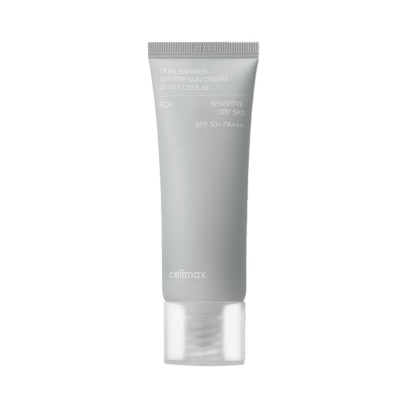 Grå tube med Celimax Dual Barrier Watery Sun Cream, SPF 50+, til sensitiv og tør hud, 40 ml.