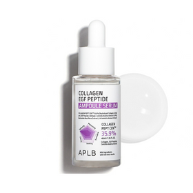 Klar flaske med hvid pipettehætte, mærket med "Collagen EGF Peptide Ampoule Serum" fra APLB.