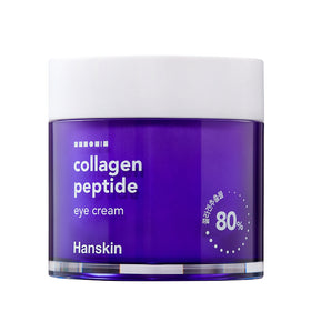 Lilla krukke med hvidt låg, mærket "collagen peptide eye cream" og "Hanskin."