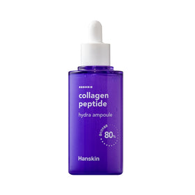 Lilla flaske med hvid dråbehætte, tekst "collagen peptide hydra ampoule" og "Hanskin".