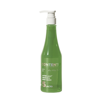 Grøn flaske med pumpe, mærket "Contently California After All Aromatic Body Wash 5 Lacto".