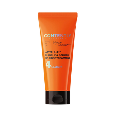 Orange tube med tekst: "Contently California After All Blanche & Powder No Rinse Treatment 4 Glossy".