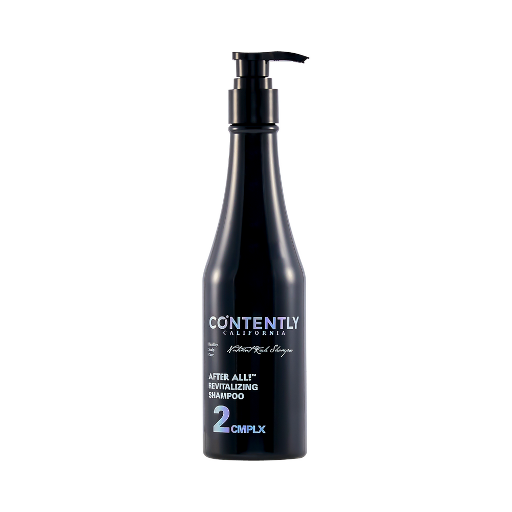 Slank mørk flaske med pumpe, mærket "Contently California After All Revitalizing Shampoo 2 Cmplx."