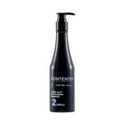 Slank mørk flaske med pumpe, mærket "Contently California After All Revitalizing Shampoo 2 Cmplx."