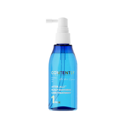 Blå flaske med hvid spraydyse, mærket "Contently California After All Scalp Soothing Care Treatment."