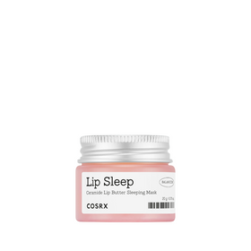 Lille krukke med sølvlåg, mærket "Lip Sleep Ceramide Lip Butter Sleeping Mask" af Cosrx.