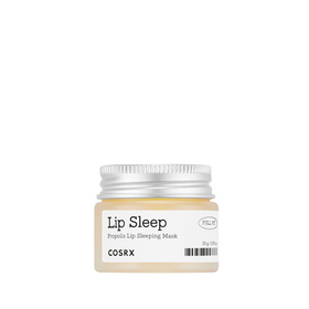 Lille krukke med sølvlåg, mærket "Lip Sleep Propolis Lip Sleeping Mask" af Cosrx.