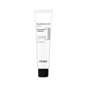 Hvid tube med tekst "The Retinol 0.3," "Super Vitamin E," og "Panthenol." Brand: COSRX.