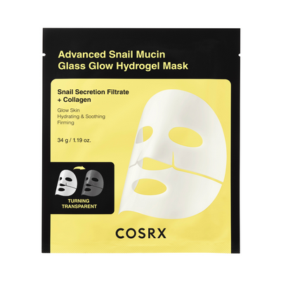Sort og gul pakke, ansigtsmaske på forsiden, tekst om sneglefiltrat og kollagen, COSRX logo.