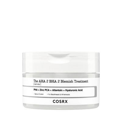 Hvid krukke med etiket: "The AHA 2 BHA 2 Blemish Treatment" fra Cosrx, ingredienser listet.