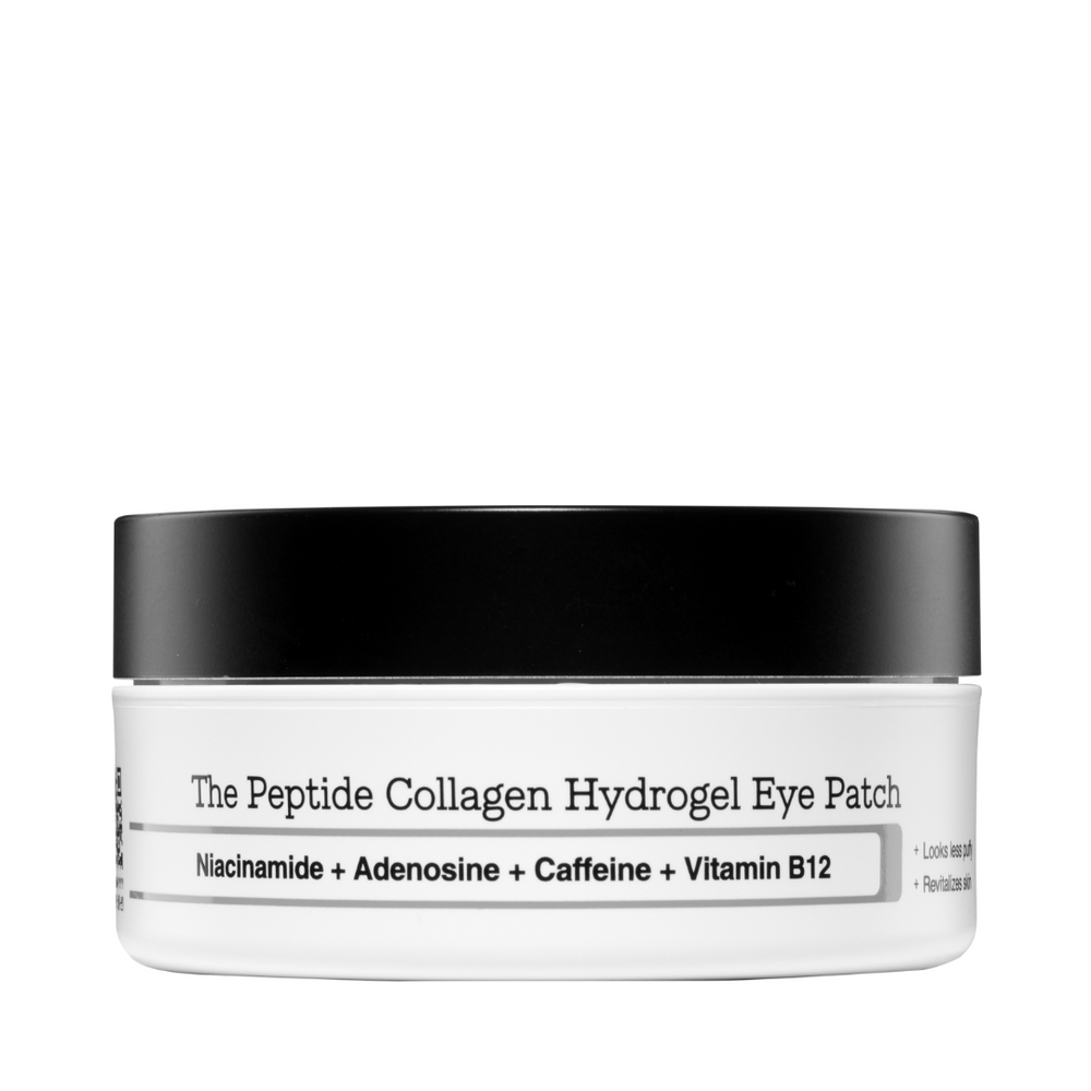 Hvid krukke med sort låg, mærket "The Peptide Collagen Hydrogel Eye Patch" og ingredienser nævnt.