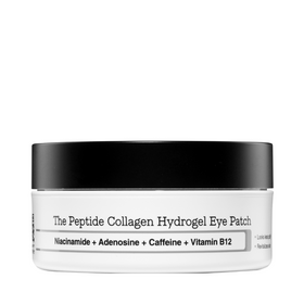 Hvid krukke med sort låg, mærket "The Peptide Collagen Hydrogel Eye Patch" og ingredienser nævnt.