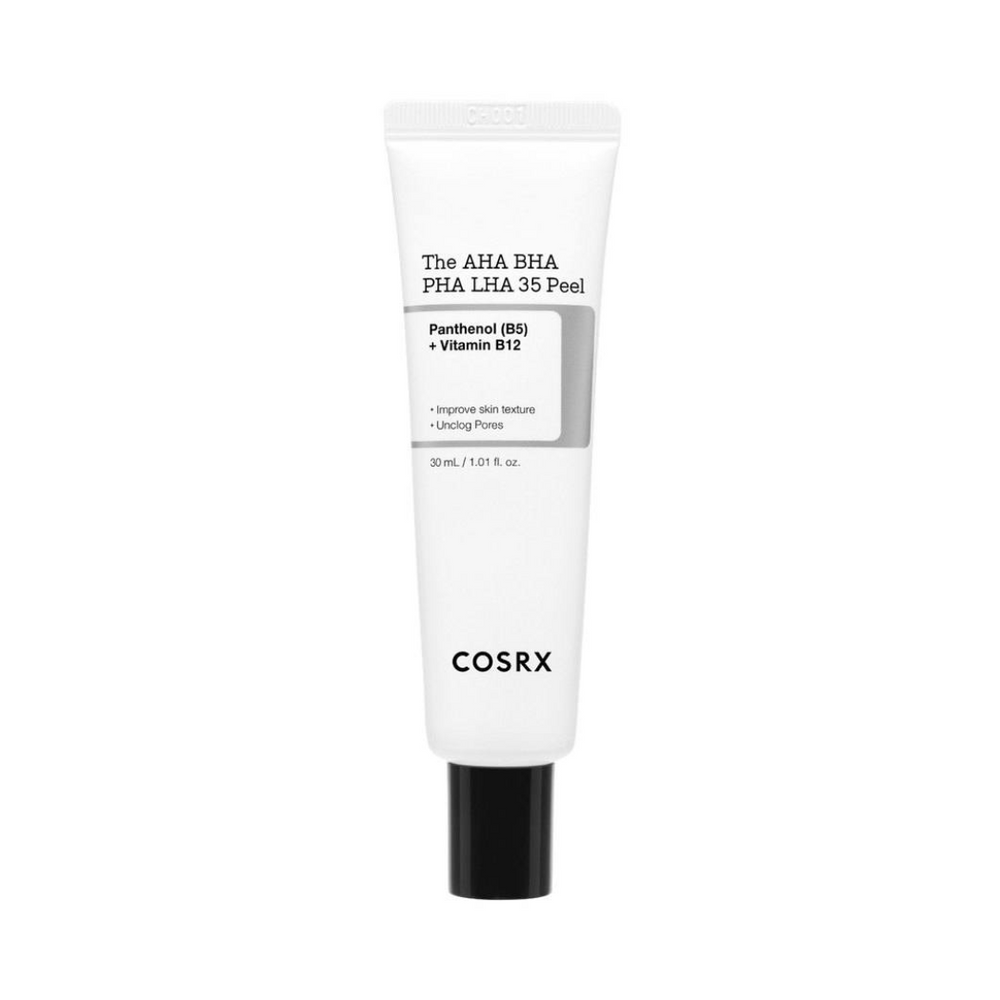 Hvid tube med sort tekst: "The AHA BHA PHA LHA 35 Peel", indeholder Panthenol og Vitamin B12.