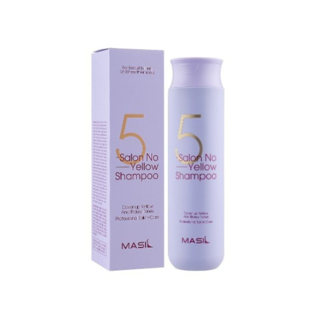 Lyslilla shampoo og æske med teksten "5 Salon No Yellow Shampoo" og mærket "MASIL" i bunden.