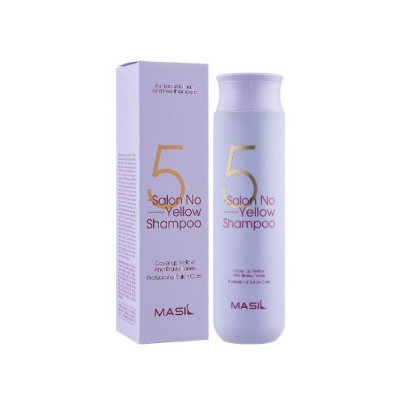 Lyslilla shampoo og æske med teksten "5 Salon No Yellow Shampoo" og mærket "MASIL" i bunden.
