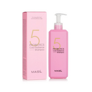 Pink flaske og æske, Masil 5 Probiotics Color Radiance Shampoo, guldtekst, 500 ml.