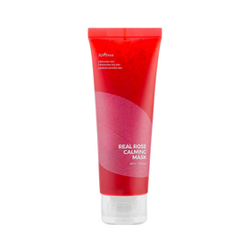 Rød tube med teksten "Real Rose Calming Mask" og gennemsigtigt låg.