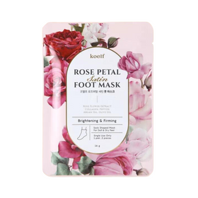 Pakke med roser og tekst: Koelf Rose Petal Satin Foot Mask. Lysnende og opstrammende.