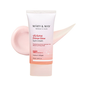 Tube med Mary&May Vegan Primer Glow Sun Cream, SPF50+, pink og hvid emballage.