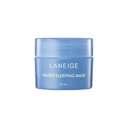 Blå krukke med teksten "Laneige Water Sleeping Mask 15 mL" på forsiden.