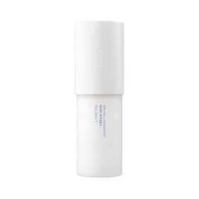 Hvid flaske med blå tekst: "Laneige Cream Skin Cerapeptide™ Refiner". Minimalistisk design.