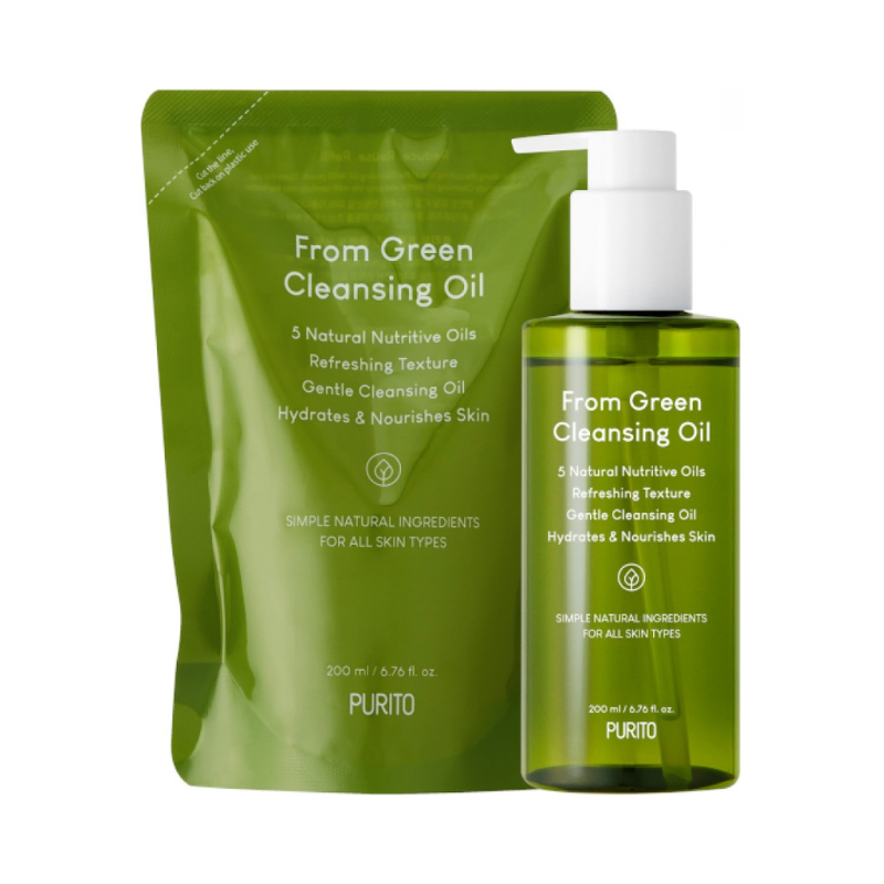 Grøn flaske og refillpose med Purito From Green Cleansing Oil, 200 ml, til alle hudtyper.