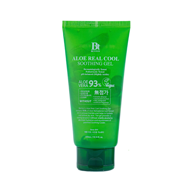 Grøn tube med hvid tekst, Benton Aloe Real Cool Soothing Gel, 93% Aloe Vera, vegansk.