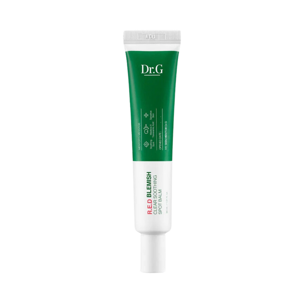 Tube med grøn top og hvid bund, mærket "Dr.G R.E.D Blemish Clear Soothing Spot Balm".